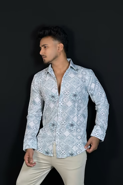 সি-ব্লু কালার প্রিন্টেড শার্ট-Floral