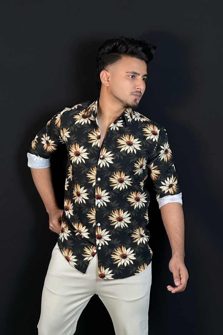 ইয়েলো ব্ল্যাক প্রিন্টেড শার্ট-Sunflower