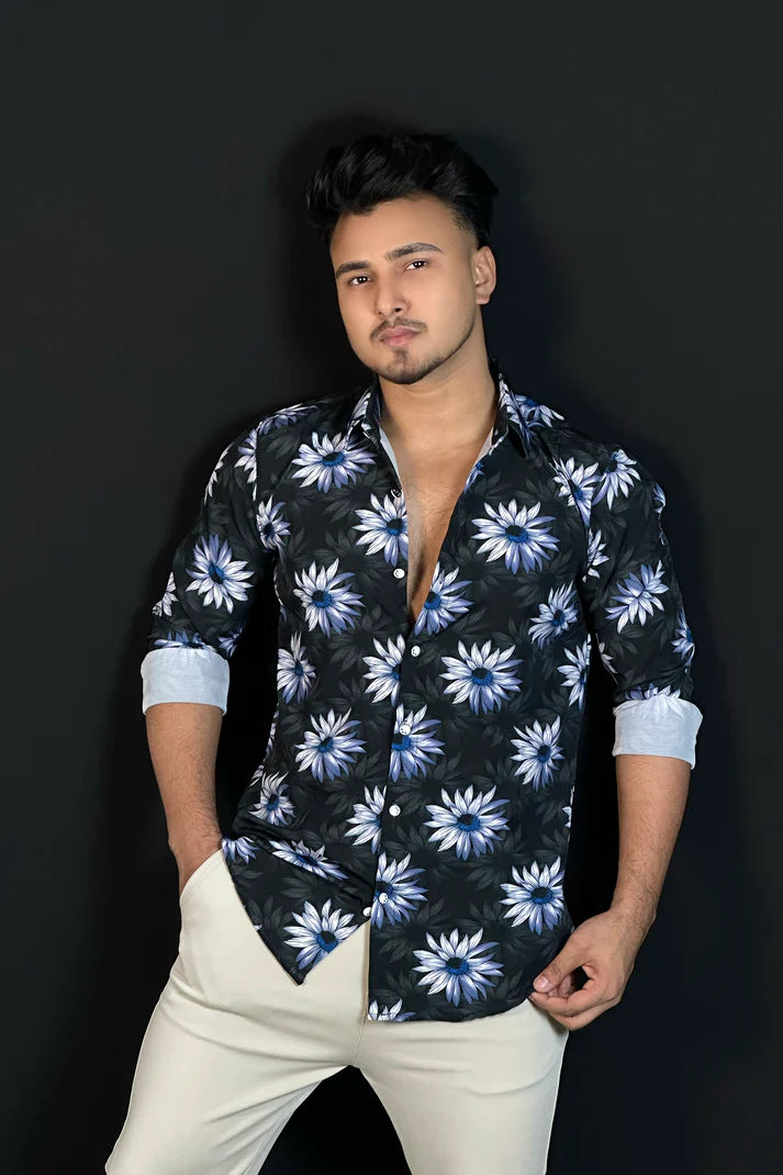 ব্লু ব্ল্যাক প্রিন্টেড শার্ট-Sunflower