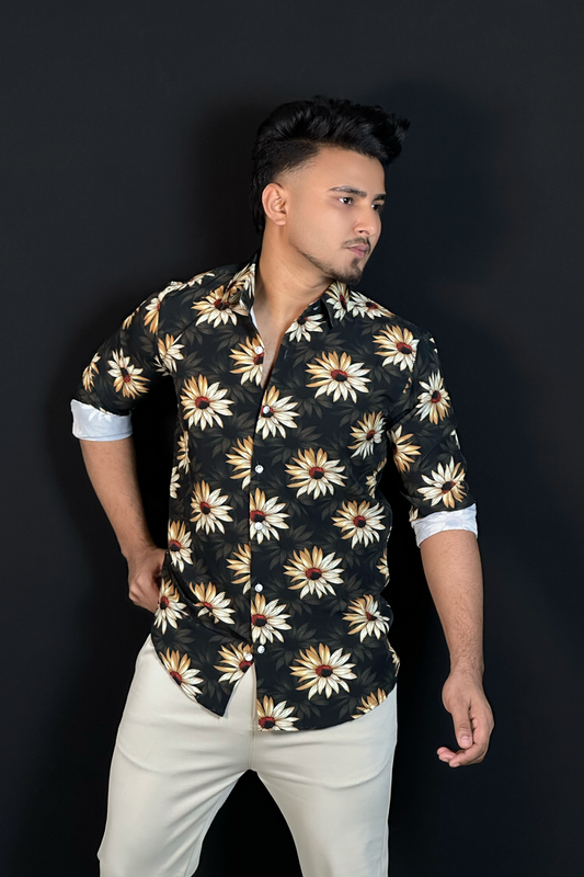 ইয়েলো ব্ল্যাক প্রিন্টেড শার্ট-Sunflower